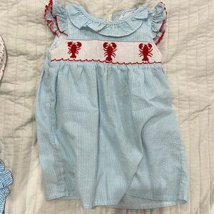 Cecil and Lou blue stripe dress with red crawfish smocked 24month